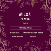 Wine label for Miloň Plavac 2020 with tasting notes on a purple background with vine designs.