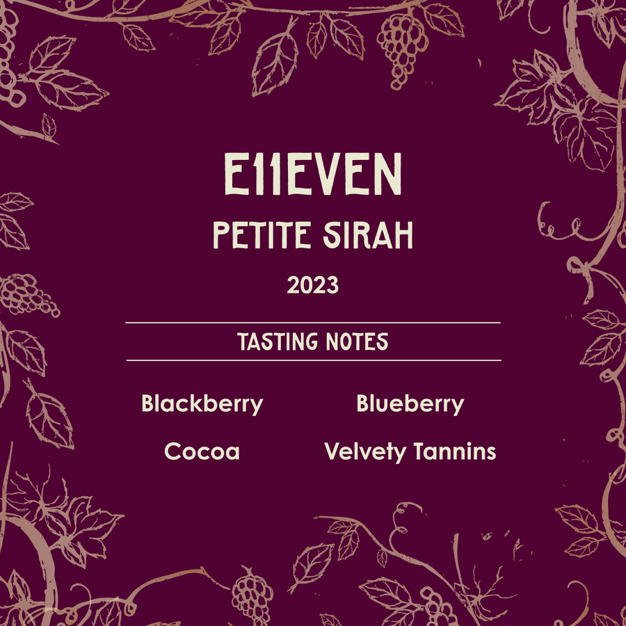 Wine label for E11EVEN Petite Sirah 2023 with tasting notes on a purple background with vine designs.
