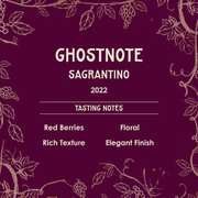 Wine label for Ghostnote Sagrantino 2022 with tasting notes on a purple background with vine graphics.