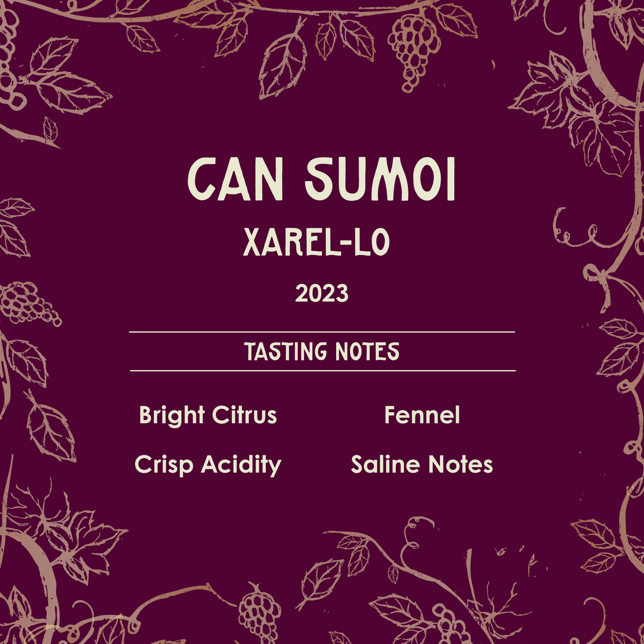Wine label for 'Can Sumoi Xarel-lo 2023' with tasting notes on a purple background with vine designs.