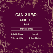Wine label for 'Can Sumoi Xarel-lo 2023' with tasting notes on a purple background with vine designs.