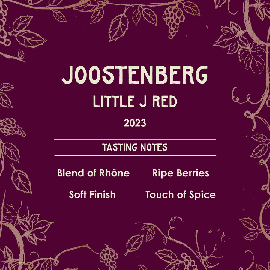 Joostenberg Little J Red wine label with tasting notes on a purple background