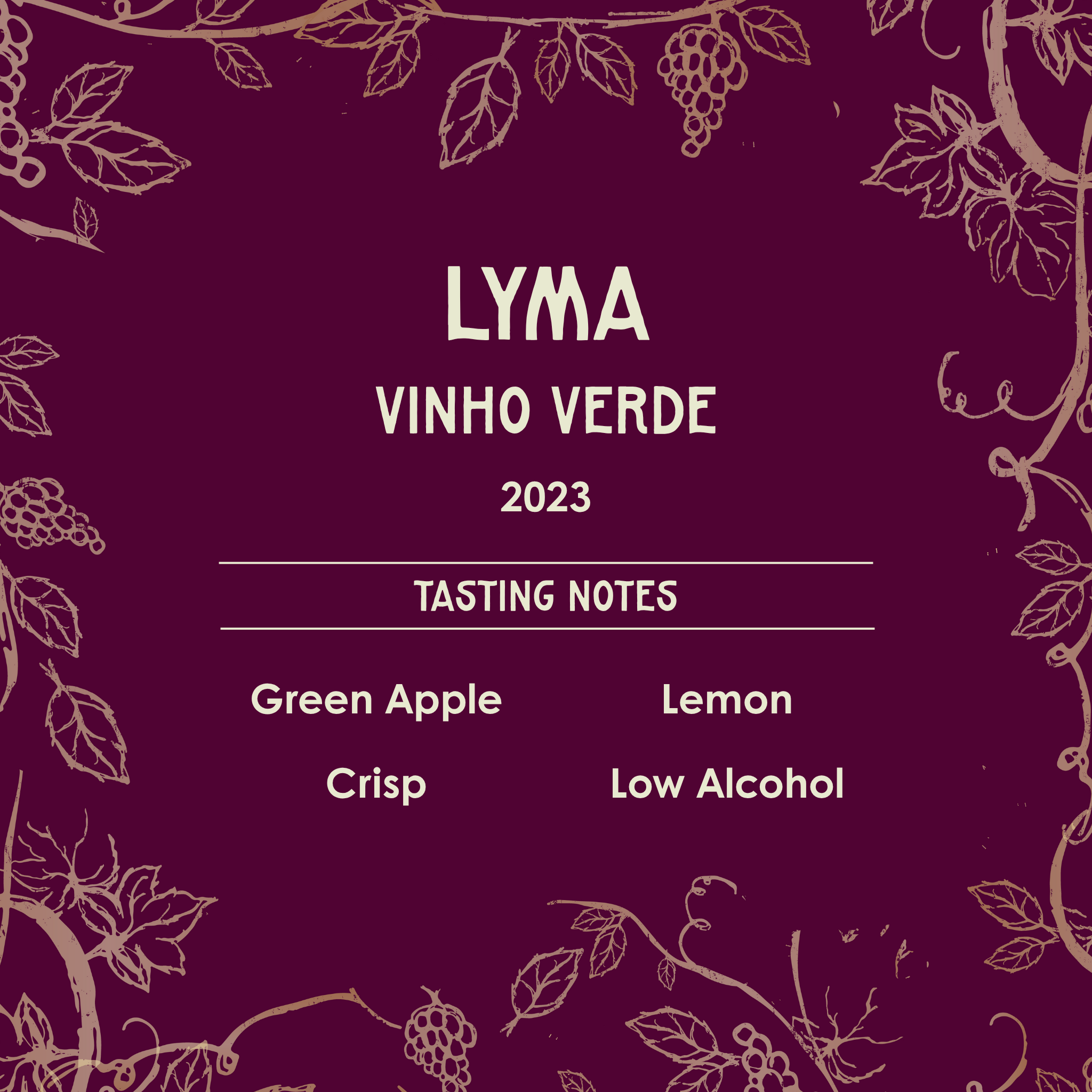 Wine label for Lyma Vinho Verde 2023 with tasting notes on a purple background with vine designs.