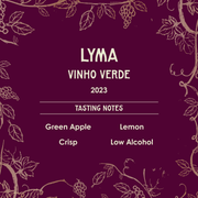 Wine label for Lyma Vinho Verde 2023 with tasting notes on a purple background with vine designs.