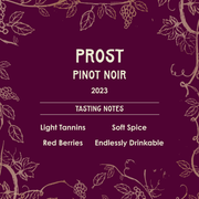 Prost Pinot Noir 2023 tasting notes on a purple background with vine designs.