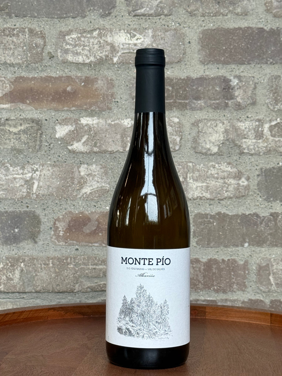 Wine bottle labeled 'Monte Pio' against a brick wall background