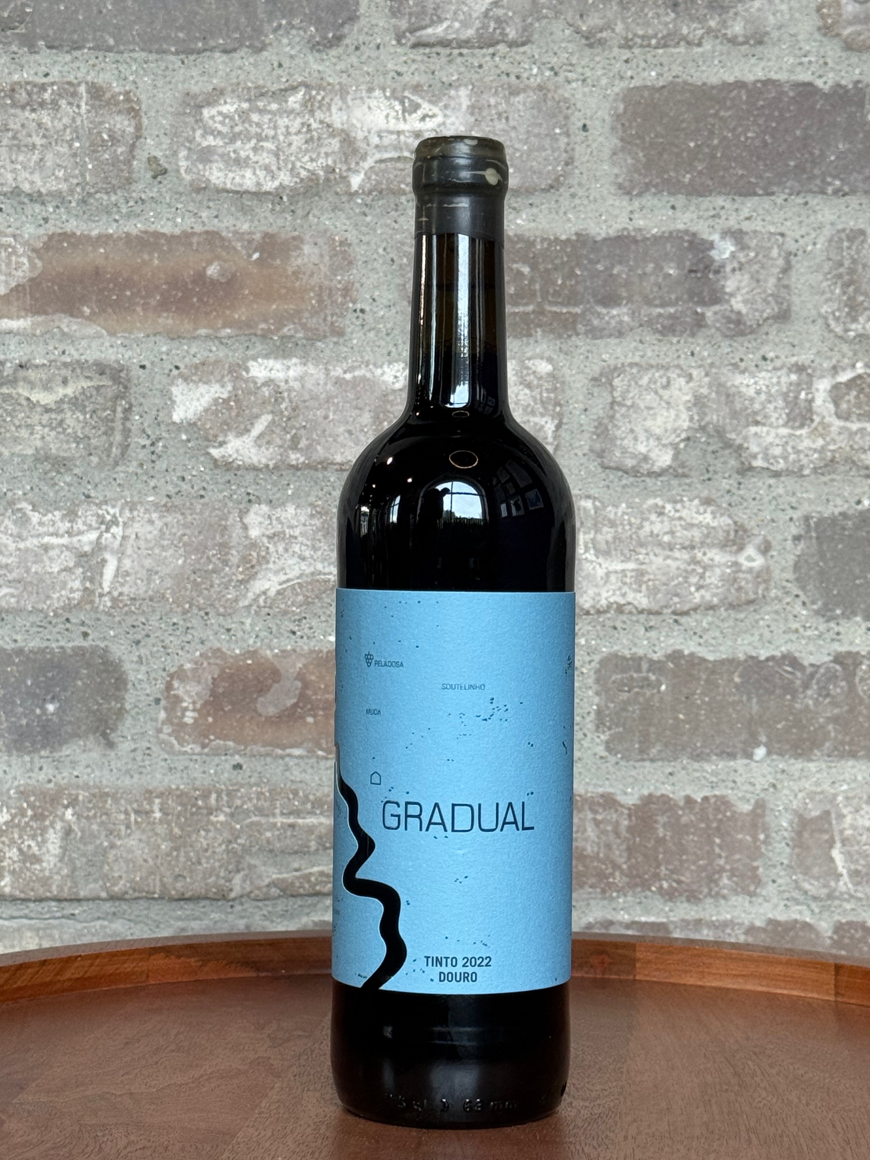 Wine bottle with a blue label on a stone surface