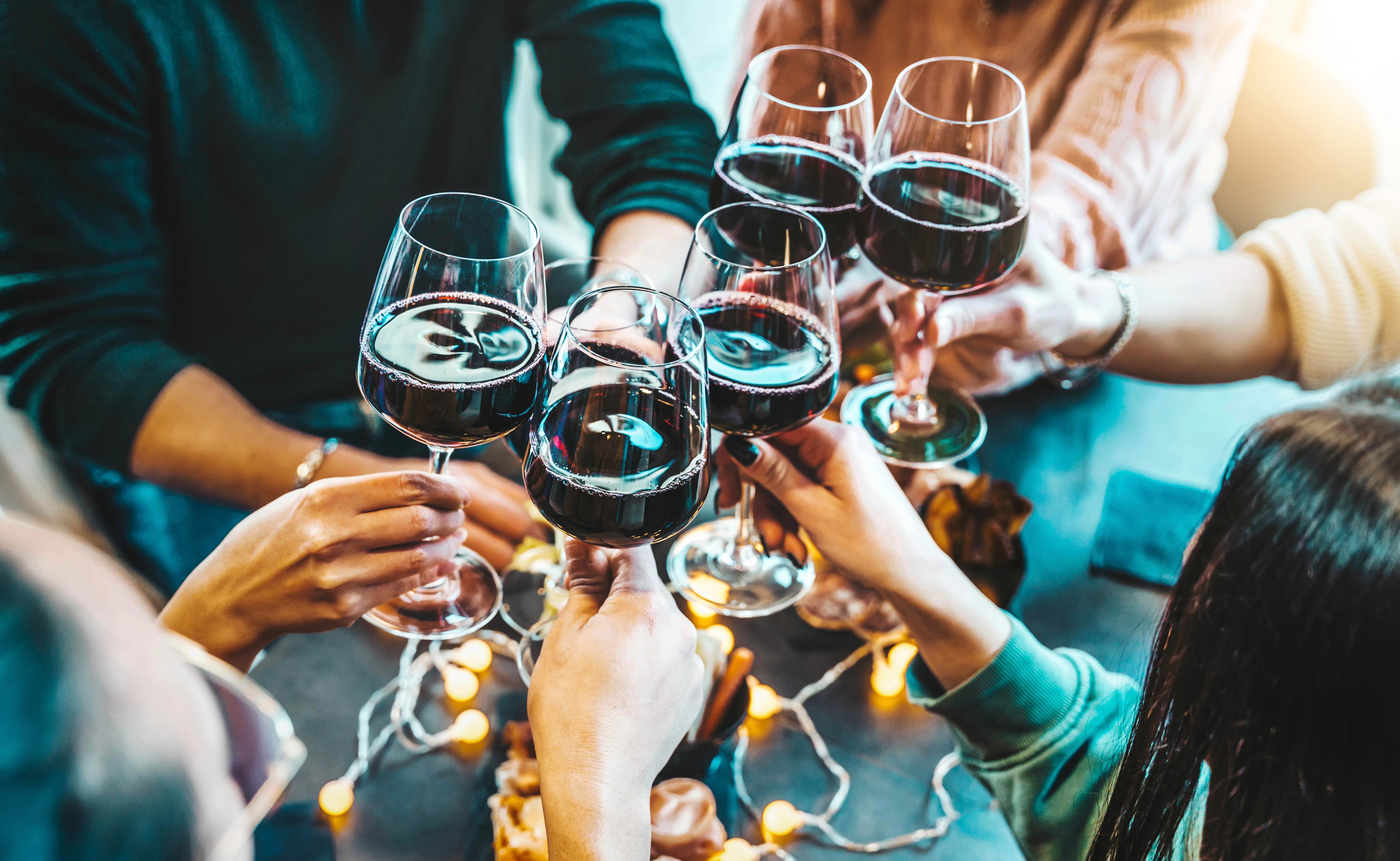 People toasting with wine glasses at a festive gathering.