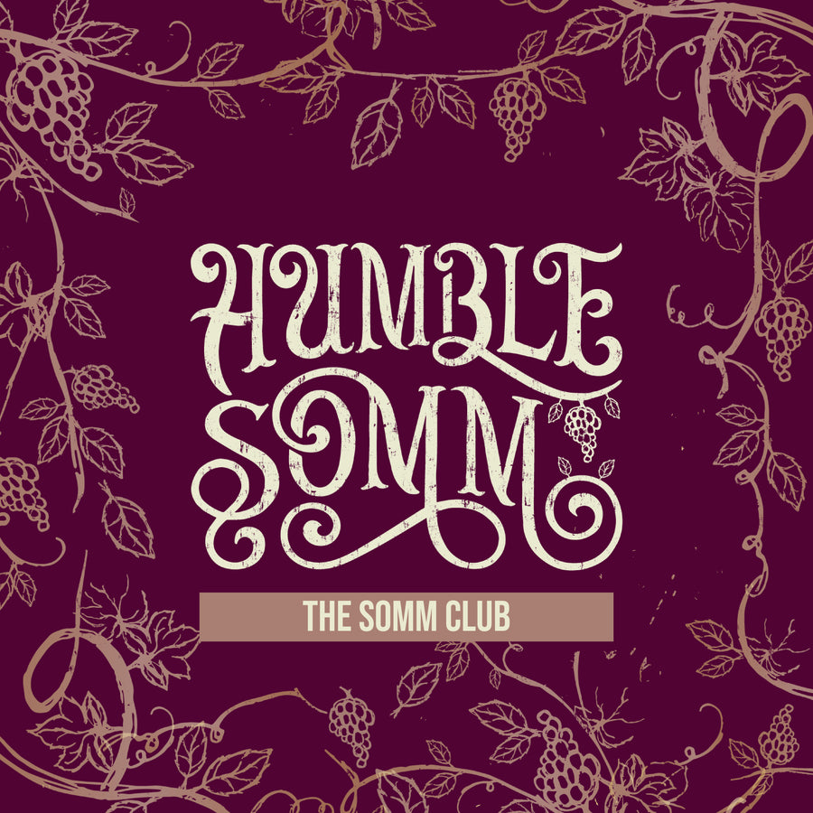 Decorative design with 'Humble SOMM' text on a purple background with vine and leaf patterns.