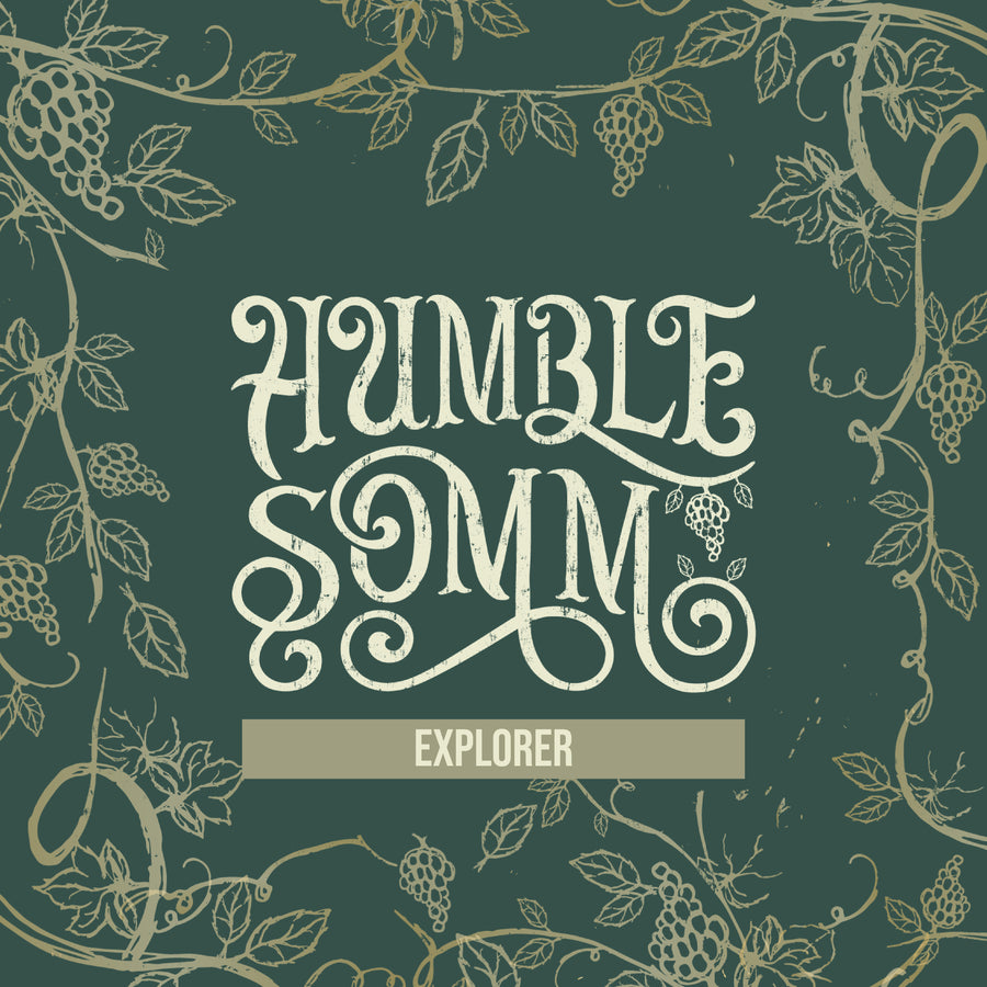 Decorative design with 'Humble Somm' text and vine patterns on a green background