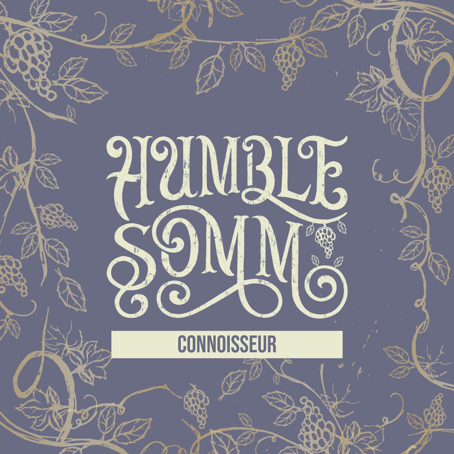 Decorative cover with 'Humble Somm' and 'Connoisseur' text on a blue background with vine patterns.